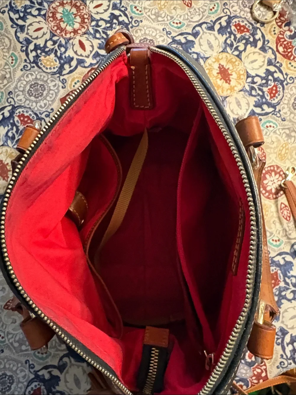 Dooney & Bourke Black and Brown Pebbled Leather Satchel with Gold Hardware